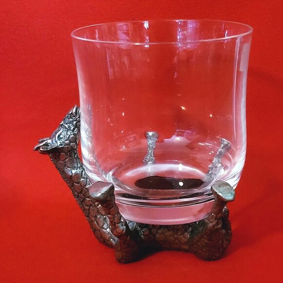 Vintage Frankli Wild Pewter Giraffe Base Clear Glass Tumbler Whiskey Glass - Picture 1 of 17